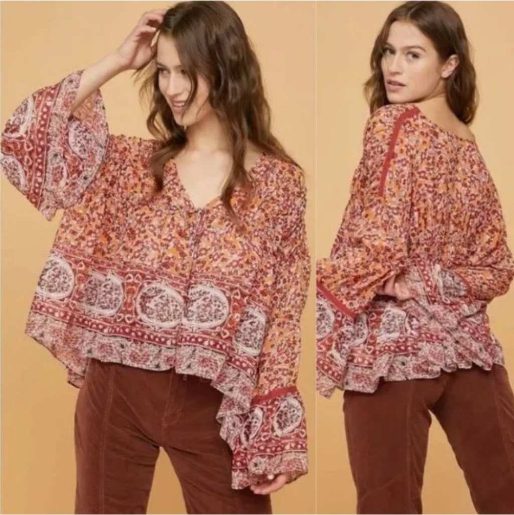 Free People Lorraine Tie Front Kimono In Mustard Combo Bohemian Medium Nwt